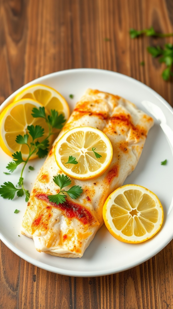 Oven-baked tilapia fillets with lemon slices and parsley on a wooden table.
